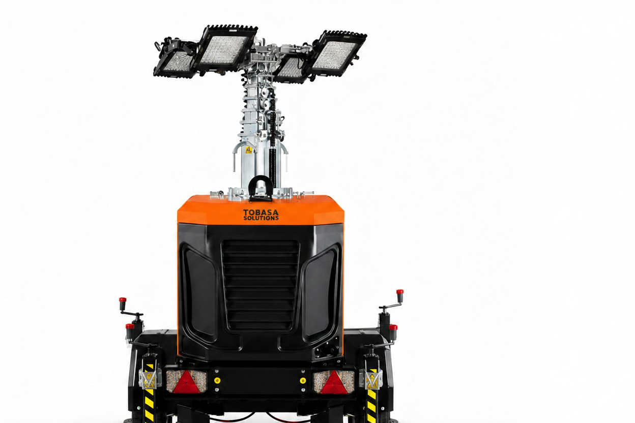 Tobasa BETA FULL LED-Lichtmast in Transportstellung auf dem Anhänger