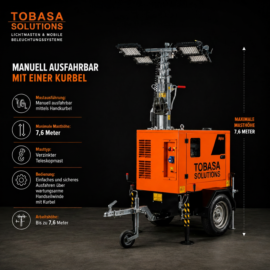 Technische Daten Tobasa ALPHA LED-Lichtmast: 7,6 m Masthöhe, 255.000 Lumen, Stage V