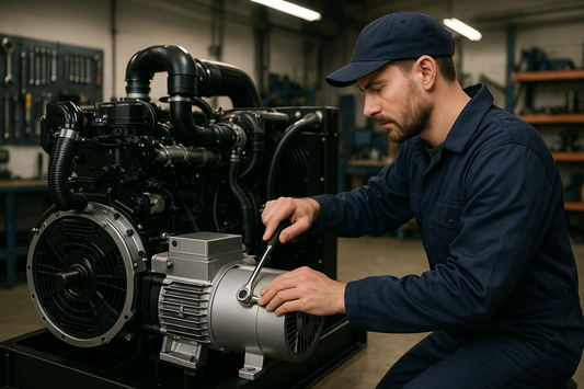 Erstelle ein Bild auf dem EIn Mechaniker an einem neuen Generator arbeitet