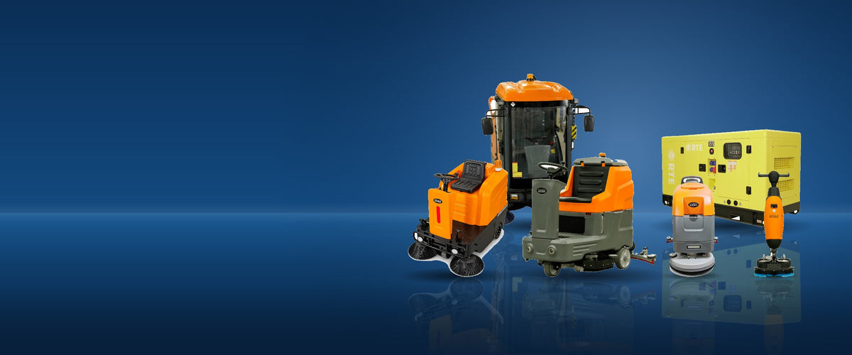 Tobasa Sortiment: Kehrmaschinen KM180-PRO und KM80-PRO, Scheuersaugmaschinen SM80S-PRO, SM55-PRO und ProMax 60, RTE-Notstromaggregat 50 kVA